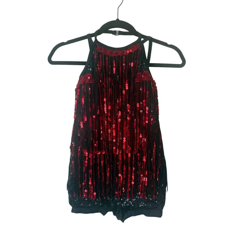Weissman Kids Dance Costume Sequin Fringe‎ Leotard Black Red Sparkle Performance